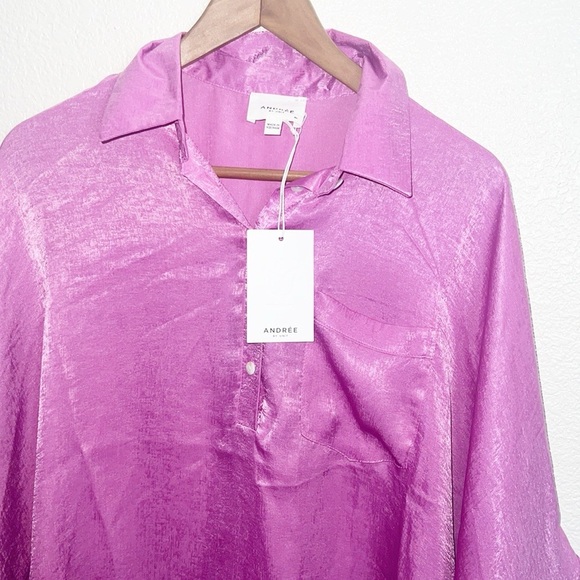 Andree By Unit 100% Polyester Shiny New Purple Cuffed Short Sleeve Blouse - Picture 2 of 10